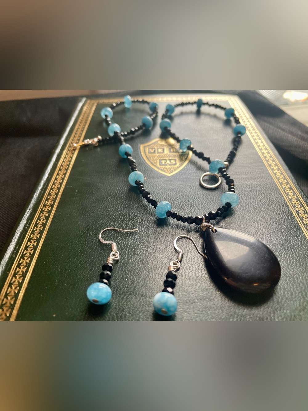 Handmade Black & Turquoise Beaded Necklace and Earring Set